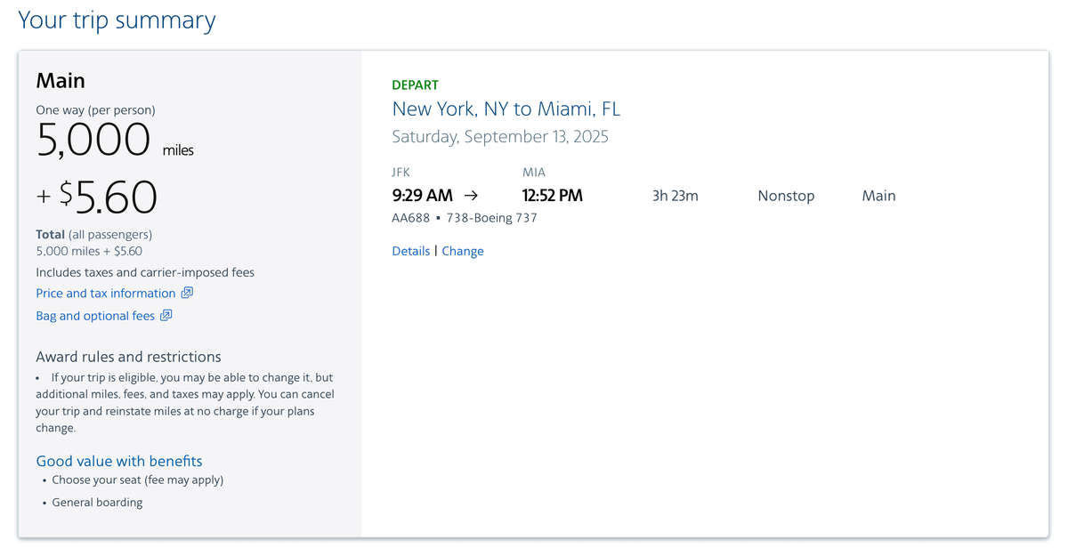AA Award JFK MIA